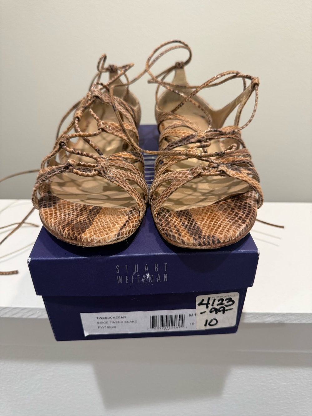 Stuart Weitzman Brown Snake-Print Lace-Up Women's Sandals - Picture 6 of 6